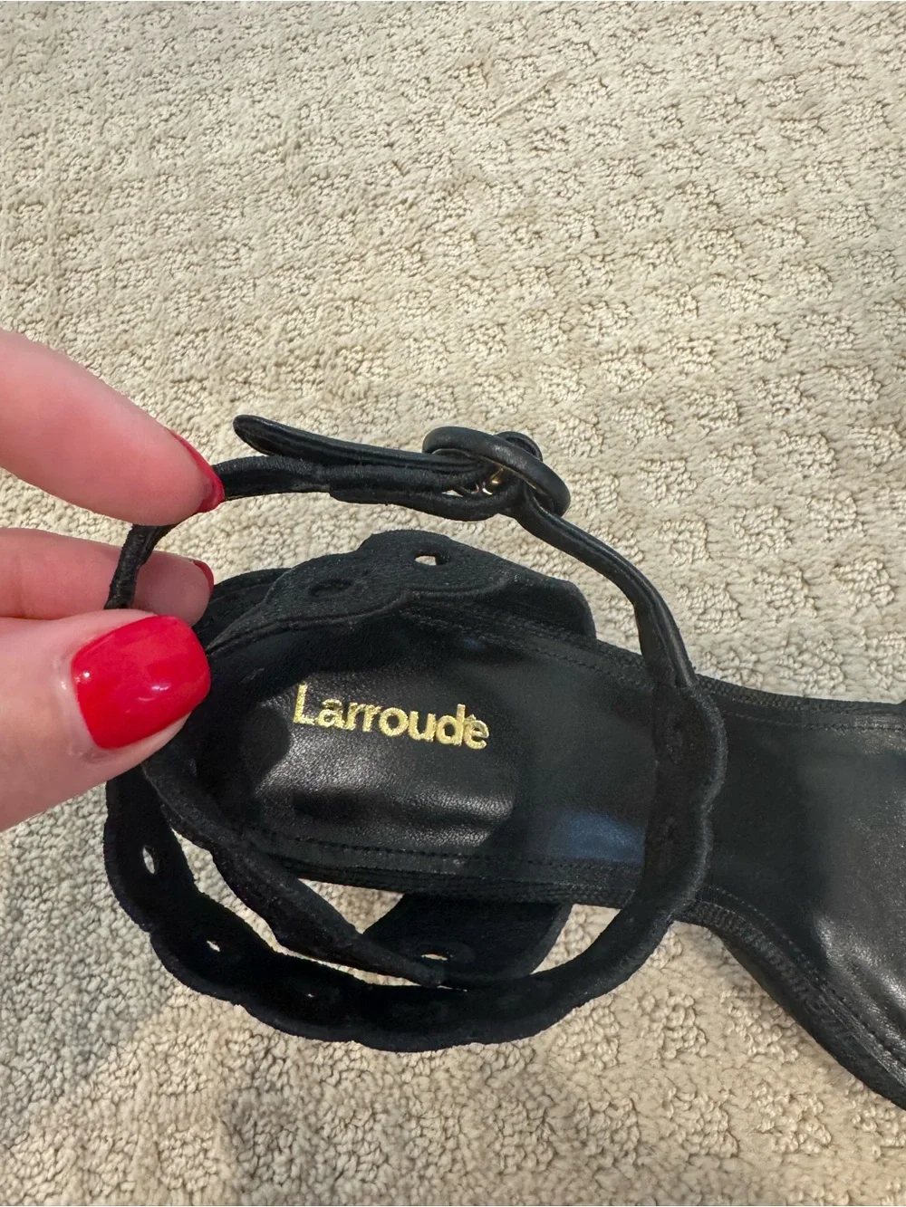 Larroude Dolly Broderie Sandal in Black Raffia